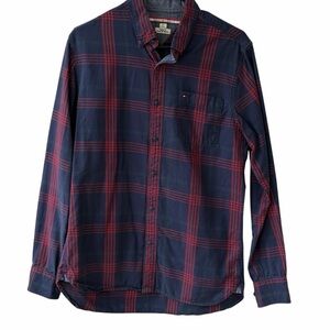 Tommy Hilfiger Men's Long Sleeve Plaid Blue and Red Checkered Shirt Size S